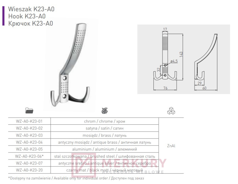 Wieszak Meblowy K23 Aluminium Mat